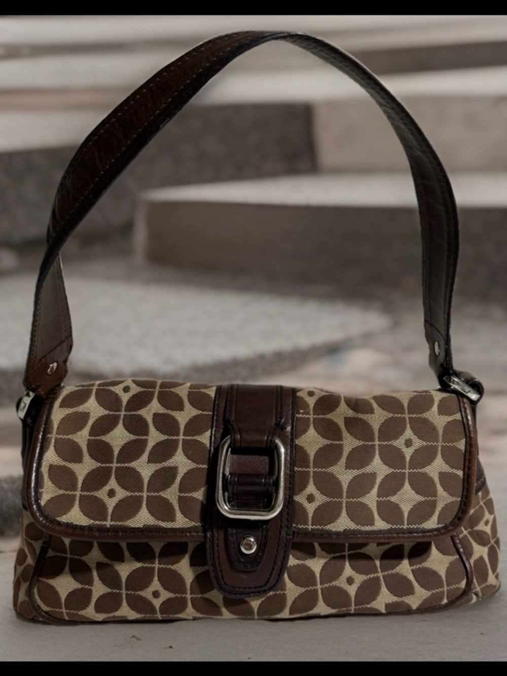 Fossil  Brown & Tan Signature Patterned Shoulder Bag Leather & Canvas Y2K Retro